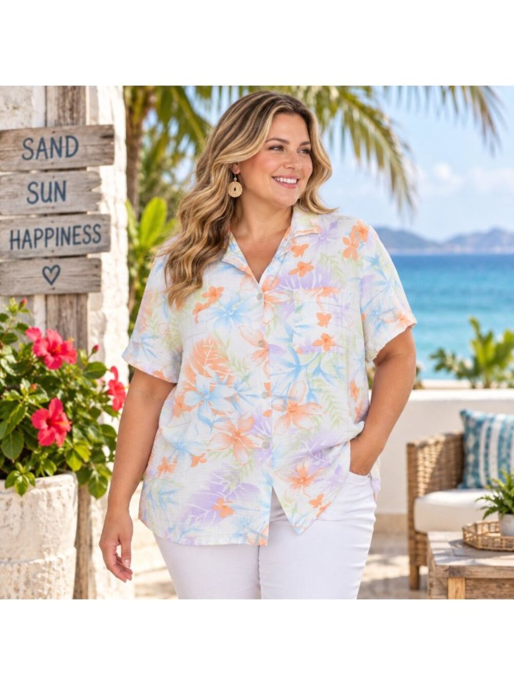 Alfred Dunner 16W Rayon Tropical Floral Shirt Pastel Hawaiian Button Front